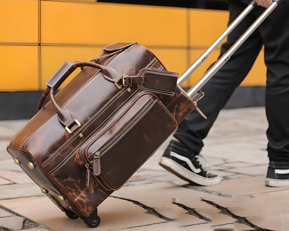 leather luggage on wheels